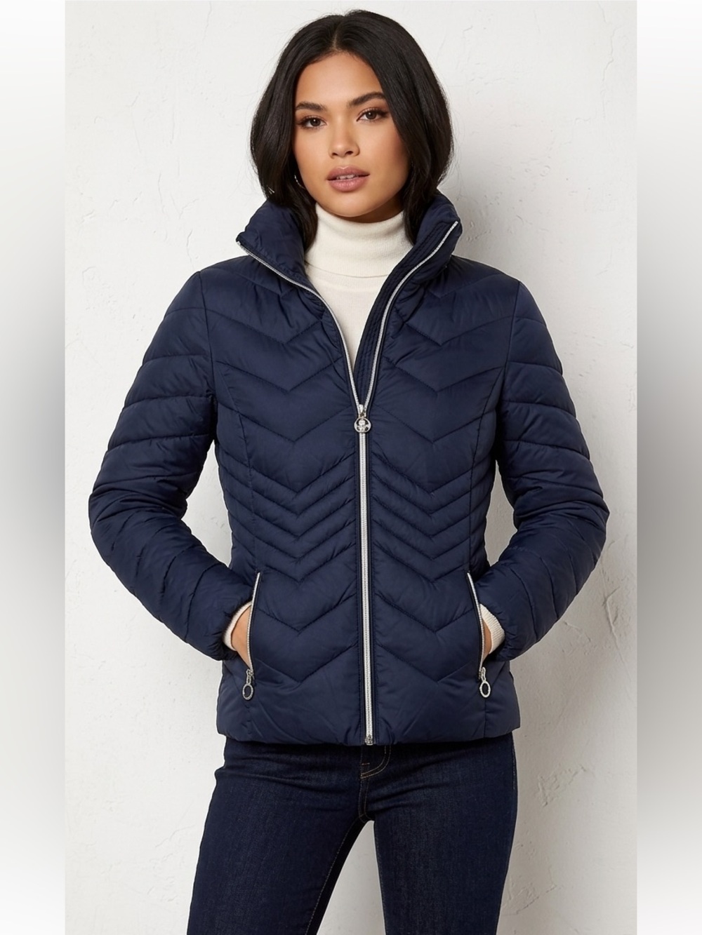 Michael Kors Navy Quilted Down Puffer with Contrast Full Zip Jacket Size S